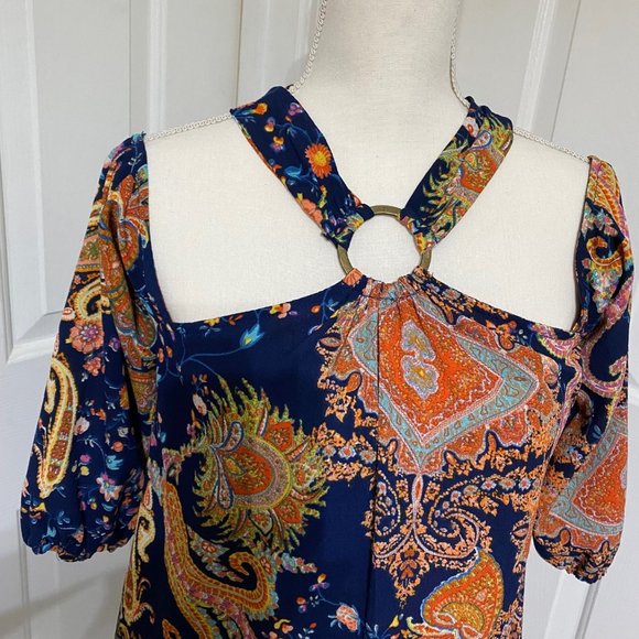 S Entro Top with Navy and Orange Print, Cold Shoulder, Gold Ring at Neck/Back - Picture 2 of 9